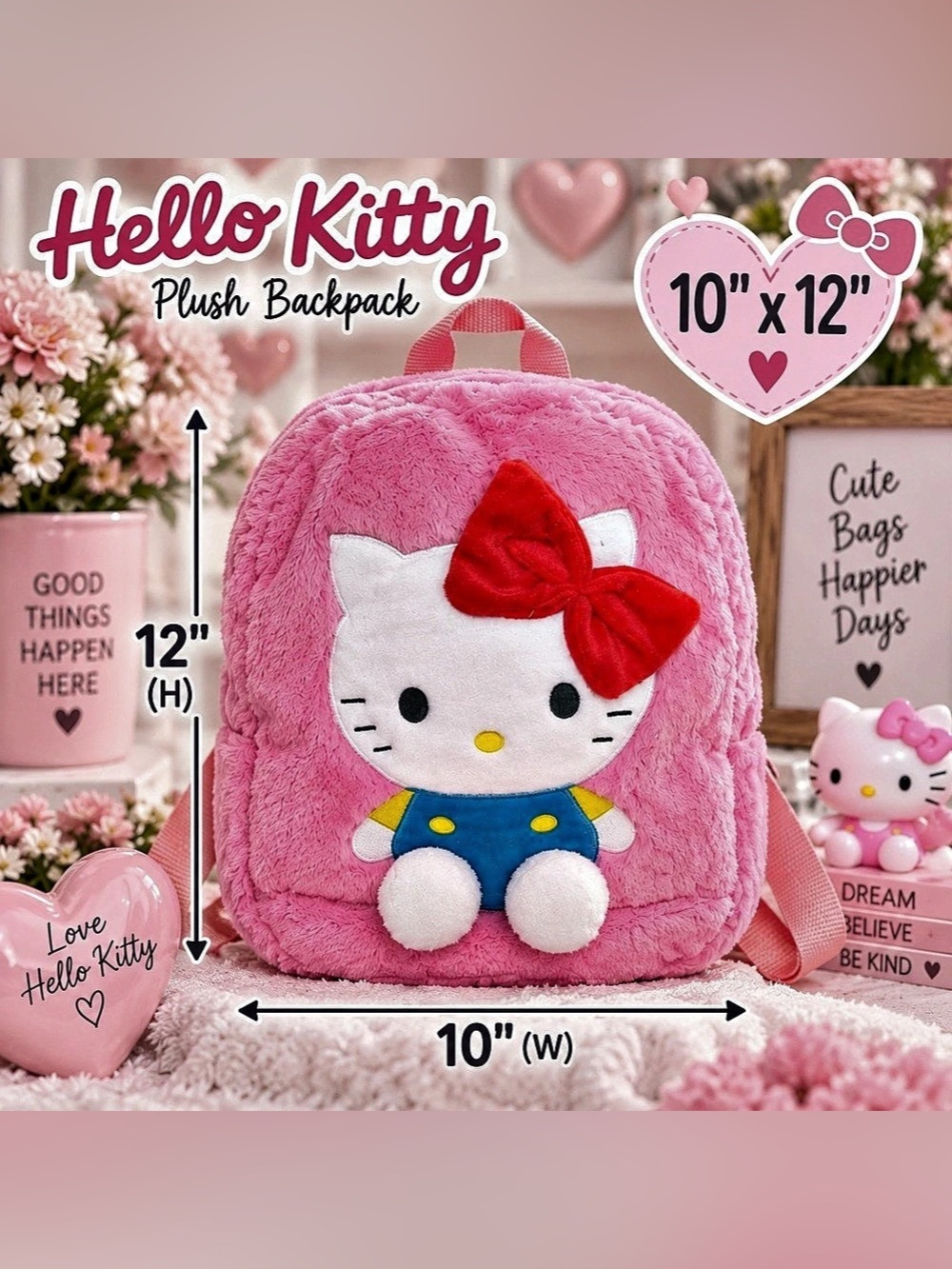 Hello Kitty Pink Plush Mini Backpack 12” x 10” Red Bow Soft Fuzzy Bag NWT